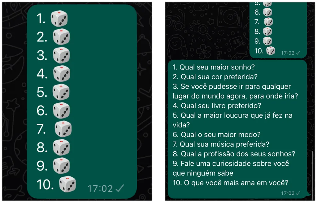 Contato seleciona um dado aleatório e você faz a pergunta nesta brincadeira de WhatsApp (Captura de tela: Caio Carvalho)