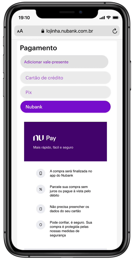 O tutorial mostra como o NuPay pode facilitar o pagamento em sites de e-commerces (Imagem: Reprodução/Nubank)