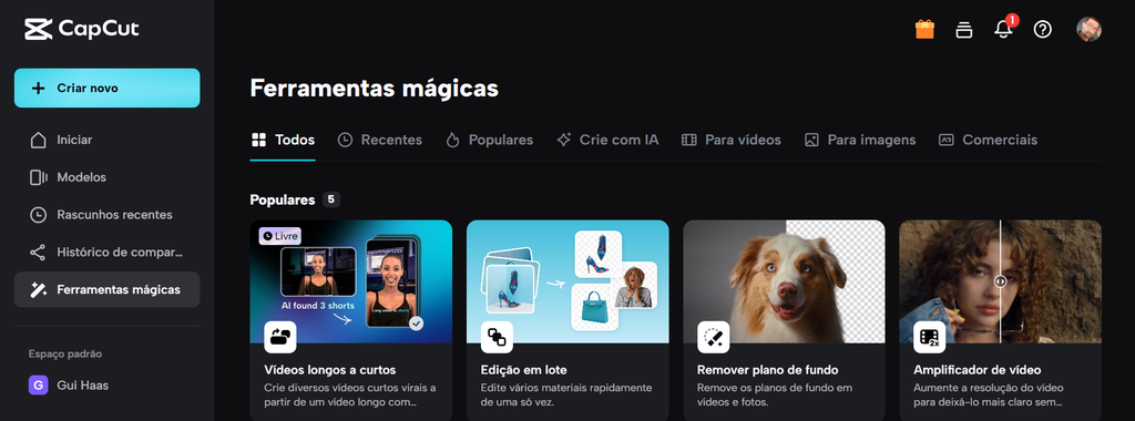CapCut conta com ferramentas mágicas adicionais para edição de vídeos e fotos (Imagem: Captura de tela/Guilherme Haas/Canaltech)