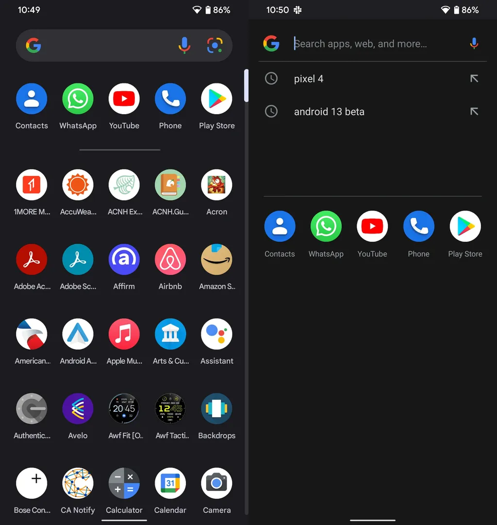 Android 13 marca o retorno da barra de pesquisa do Google à bandeja de apps (Imagem: Reprodução/9to5Google)