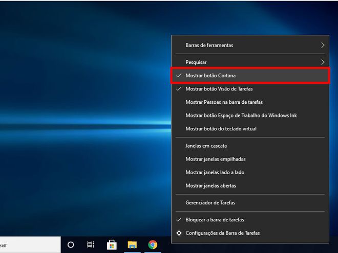 Se o ícone da cortana não aparecer, clique com o botão direito e selecione "Mostrar botão Cortana" (Captura de tela: Matheus Bigogno)
