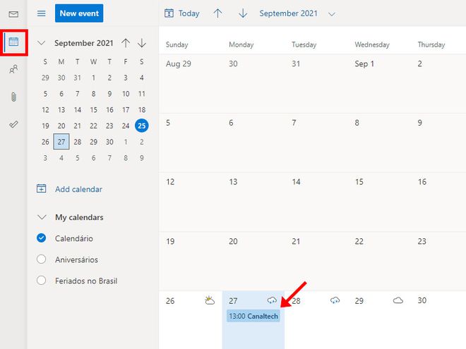 Acesse o Calendário do Outlook e note que o evento estará disponível por lá (Captura de tela: Matheus Bigogno)