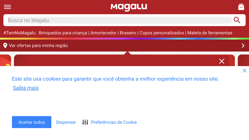 O Magalu é um exemplo de site que oferece cookies para melhorar a experiência do usuário (Imagens: Captura de tela/Fabrício Calixto/Canaltech)