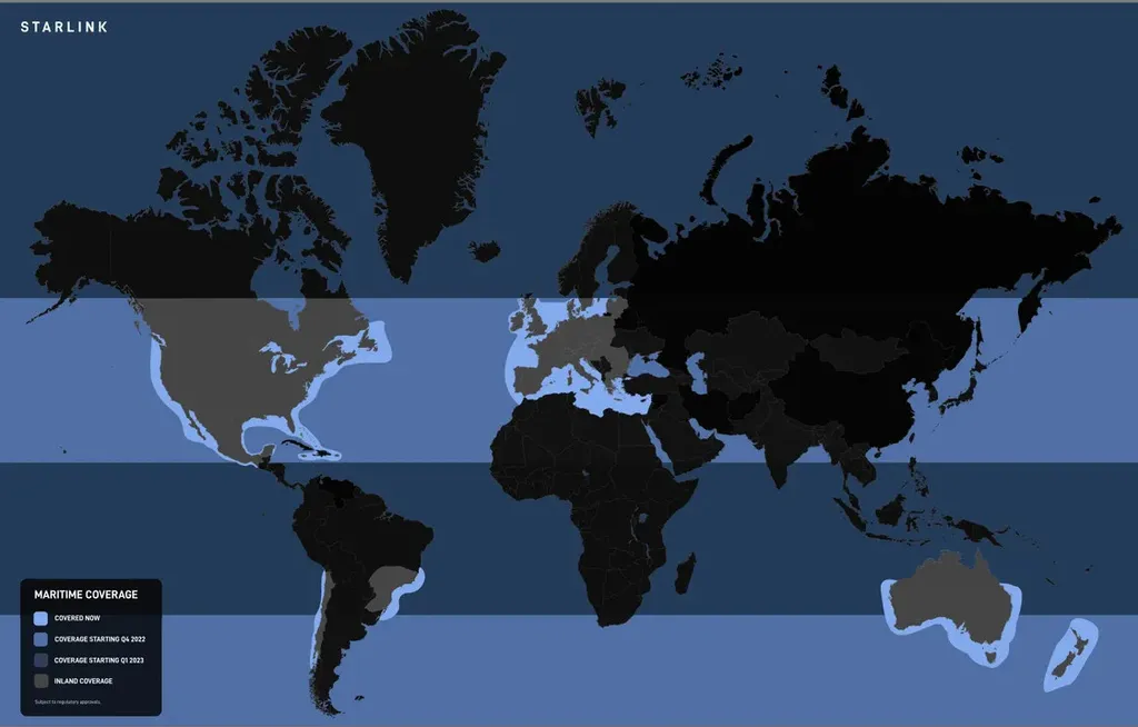 Área de cobertura atual da Starlink Marítima se limita às regioes costeiras. Imagem: SpaceX