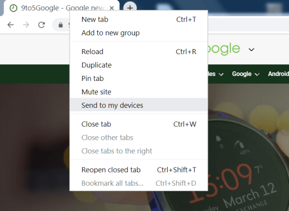 Opção "send to my devices" aparece ao clicar com o botão direito em cima da aba que se quer compartilhar (Captura: 9to5Google)
