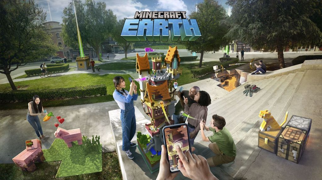 Foto promocional do Minecraft Earth, que utiliza da realidade aumentada (Foto: Divulgação)