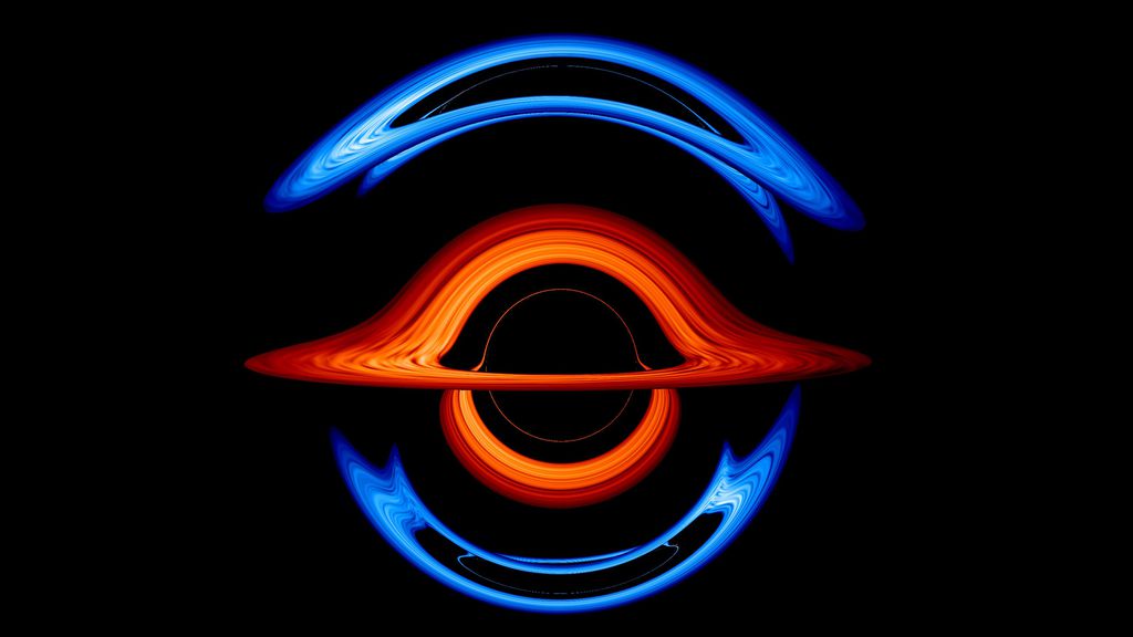 Esta é uma simulação de interação entre dois buracos negros; é difícil deduzir como seria entre um buraco negro e um buraco de minhoca (Imagem: Reprodução/Goddard Space Flight Center/Schnittman/Brian P. Powell)