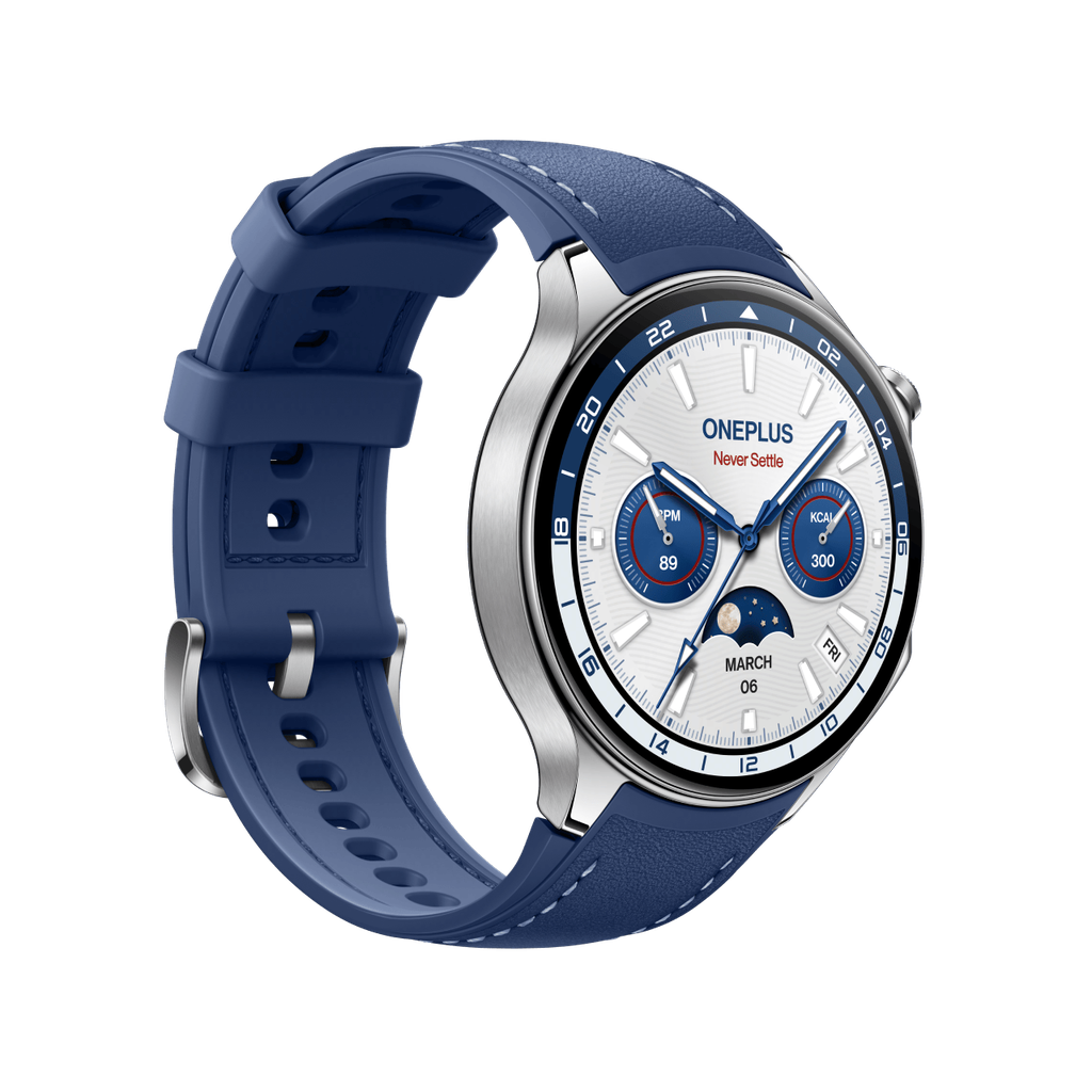 Novo relógio tem pulseira azul com costura branca (Imagem: Divulgação/OnePlus)