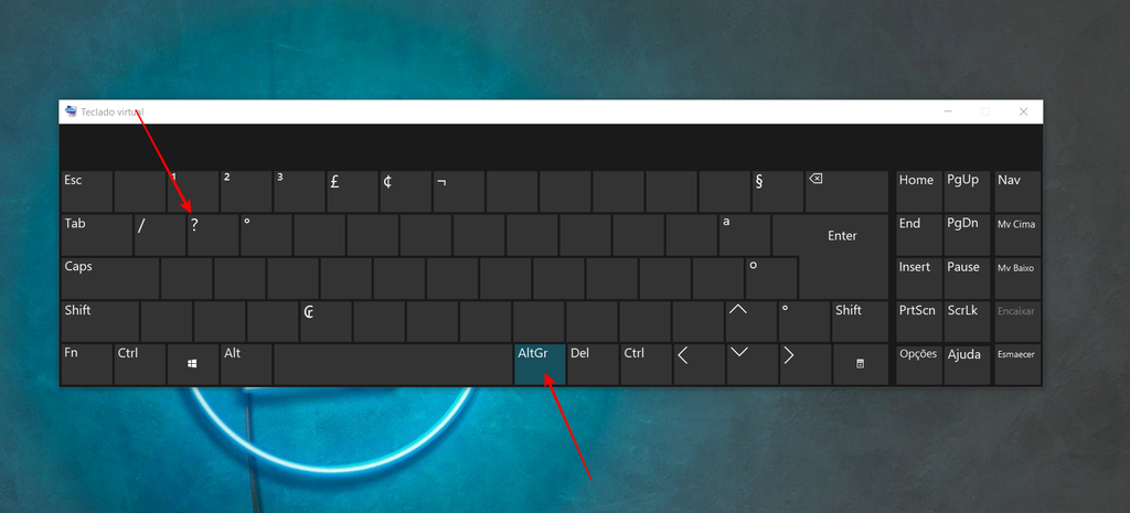 É possível colocar ponto de interrogação no notebook usando o teclado virtual do sistema (Imagem: Captura de tela/Fabrício Calixto/Canaltech)