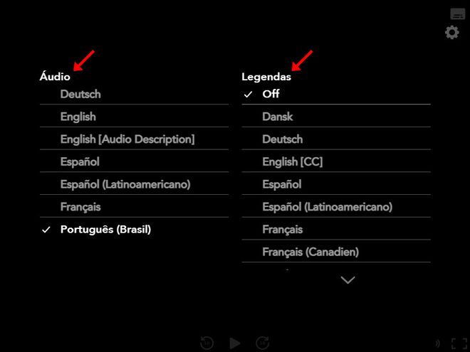 Selecione o idioma do áudio e das legendas do conteúdo (Captura de tela: Matheus Bigogno)