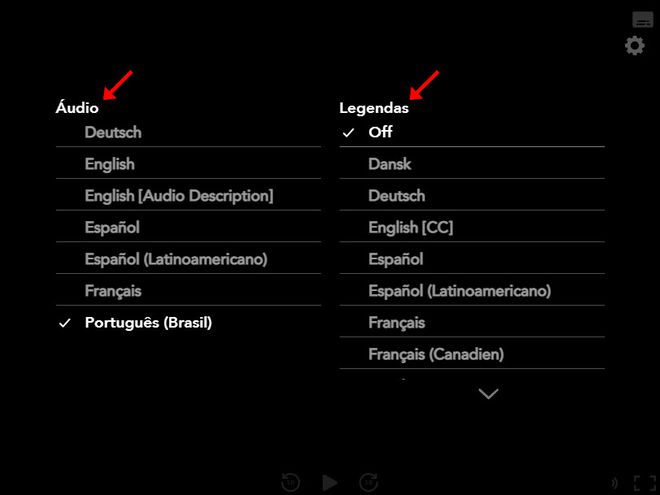 Na janela aberta em seguida, você pode mudar o idioma do filme ou da série (Captura de tela: Matheus Bigogno)