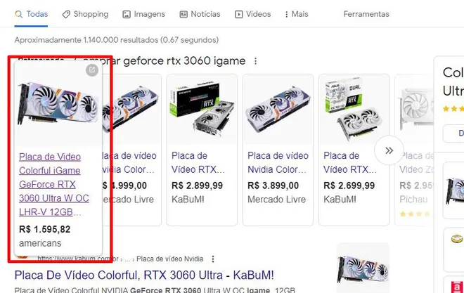 Exemplo de anúncio fraudulento no carrossel de ofertas do Google, com nome e site simulando uma grande varejista brasileira (Imagem: Captura de tela/Felipe Demartini/Canaltech)