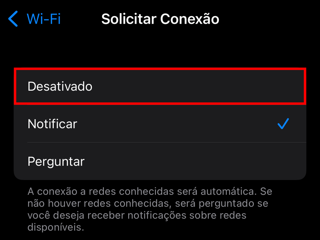 Por enquanto, o iOS não permite desativar a conexão automática para todas as redes. Mas você pode bloquear o aparelho de enviar alertas sobre novas conexões nas proximidades (Captura de tela: Caio Carvalho/Canaltech)