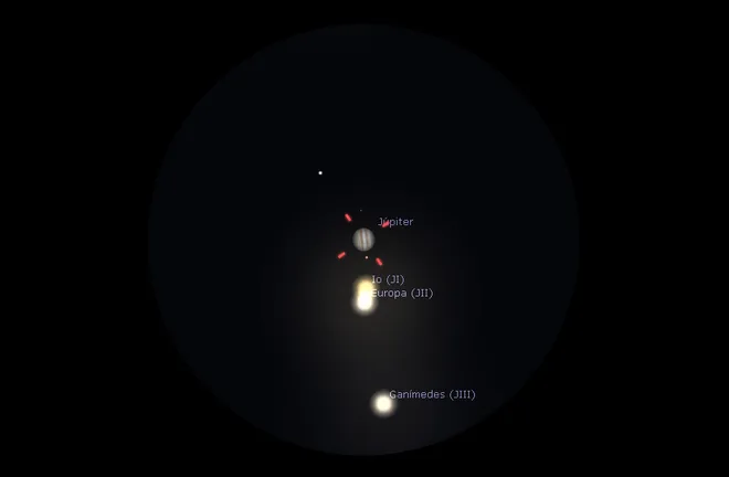 Simulação da aproximação de Júpiter no dia 26 de setembro, observado com um telescópio de 125mm de abertura e ocular de 6mm (Imagem: Reprodução/Stellarium)