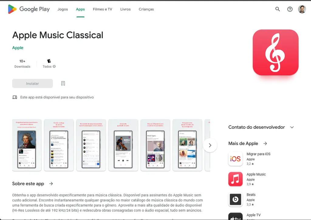 O Apple Music Classical chegou para o Android (Imagem: Reprodução/Play Store)