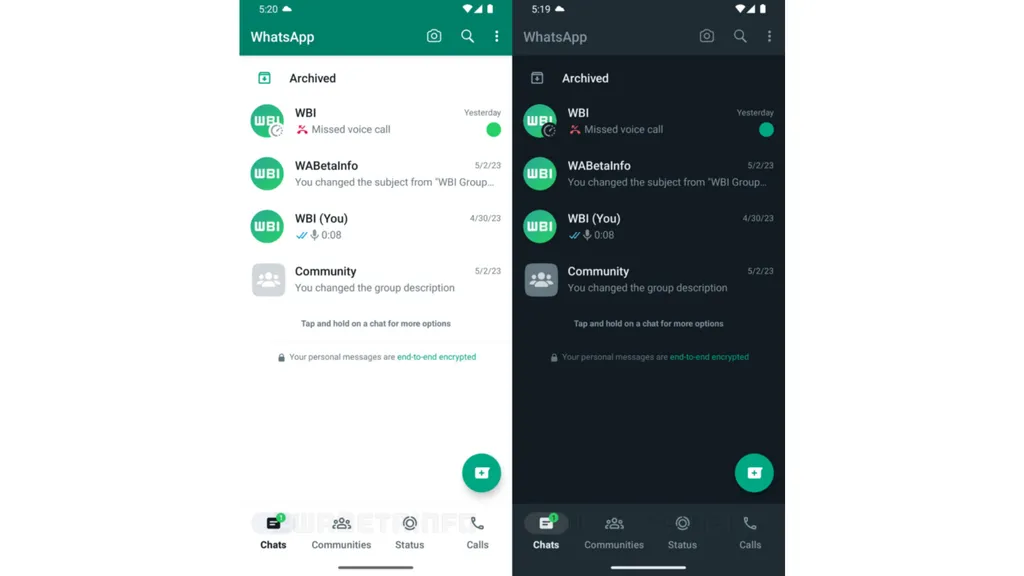 A nova inteface do WhatsApp Beta para Android está disponível no modo claro e escuro (Imagem: Reprodução/WABetaInfo)