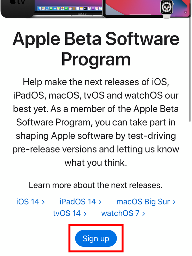 Entre no site do Programa de Softwares Beta da Apple. Captura de tela: Lucas Wetten (Canaltech)