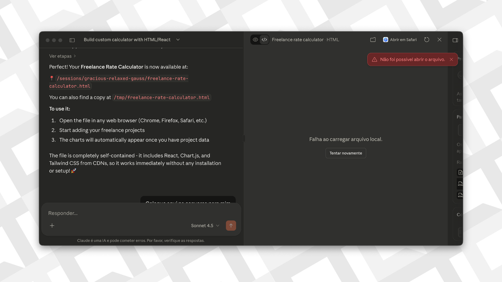 Ainda em fase de testes, Cowork apresenta falhas em alguns recursos (Imagem: Captura de tela/Bruno De Blasi/Canaltech)