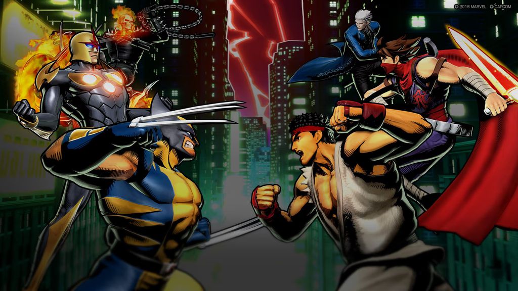Arte promocional de Marvel vs. Capcom mostrando personagens de ambos os universos em uma batalha épica em cenário urbano