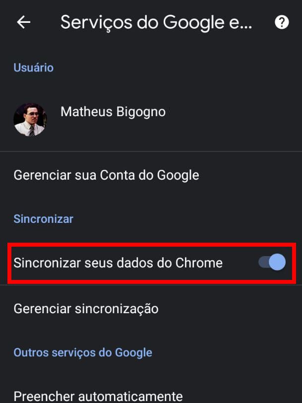 Desabilite a função "Sincronizar seus dados do Chrome" para interromper a sincronização (Captura de tela: Matheus Bigogno)