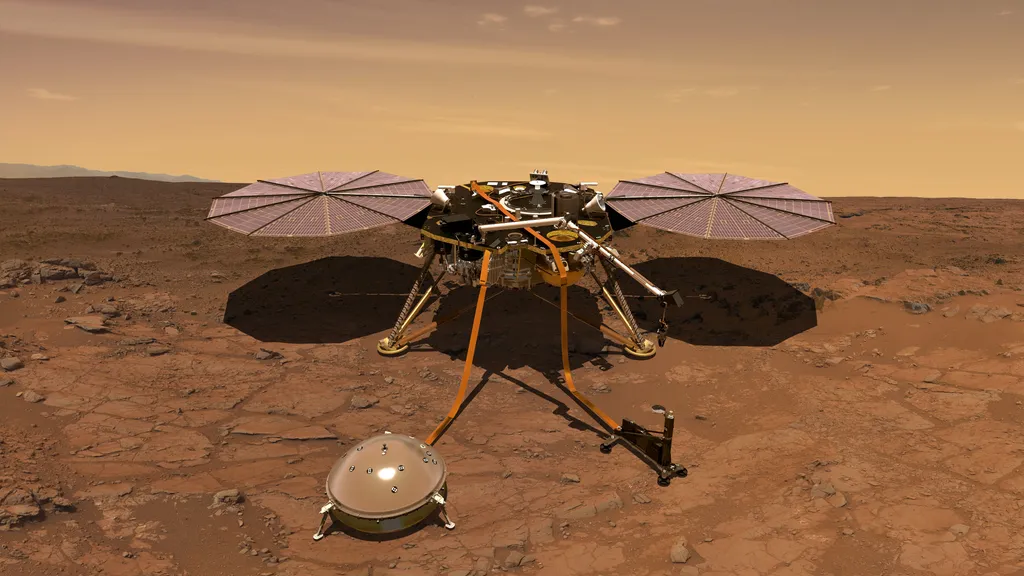 A sonda InSight monitora o interior de Marte desde 2018, e identificou atividade vulcânica significativa por lá (Imagem: Reprodução/NASA)