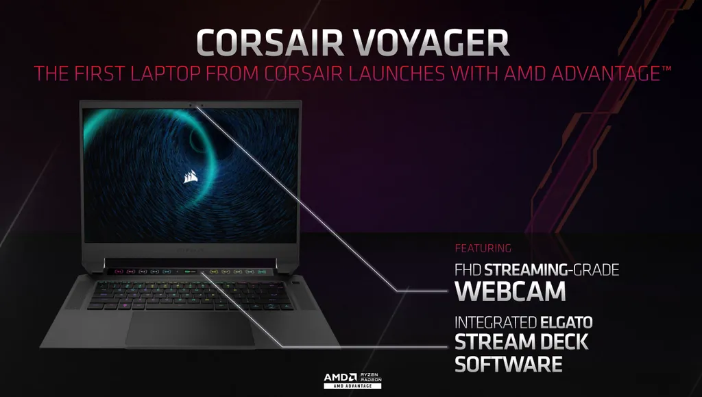 Primeiro notebook da marca, o Corsair Voyager terá foco em streamers e entusiastas, trazendo webcam Full HD e um deck dedicado com software Elgato Stream Deck (Imagem: AMD)