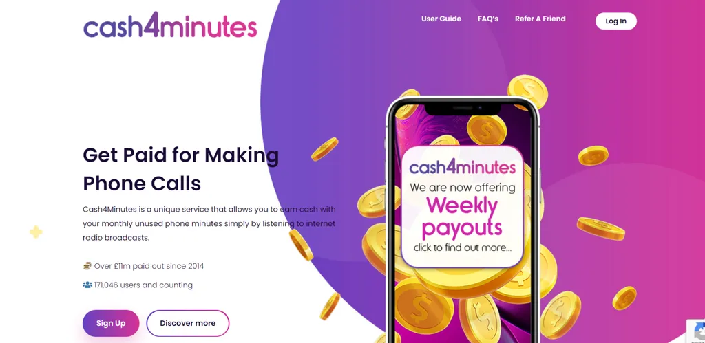 O Cash4minutes promete transformar os minutos extras do seu telefone em recompensas (Captura de tela: Munique Shih)