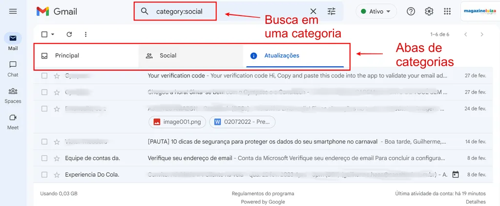 Caixa de entrada do Gmail com abas de categorias (Imagem: Captura de tela/Guilherme Haas/Canaltech)