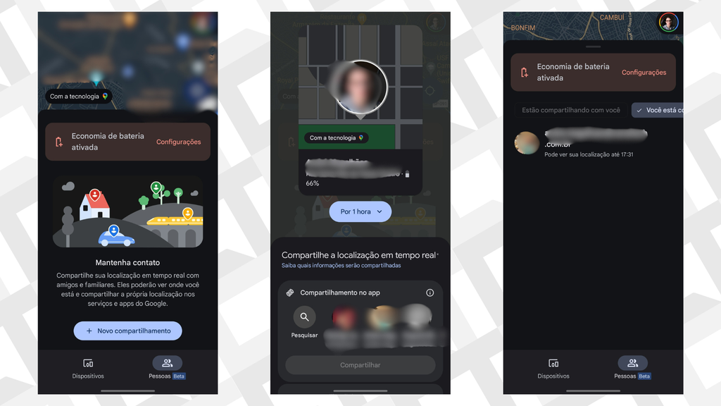Capturas de tela do app Encontre Meu Dispositivo para compartilhar a localização atual