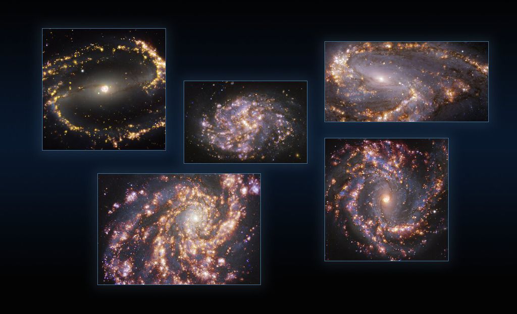 As galáxias NGC 1300, NGC 1087, NGC 3627 NGC 4254 e NGC 4303. Cada imagem individual é uma combinação de observações obtidas em diferentes comprimentos de onda da luz, por diferentes instrumentos, para mapear populações estelares e gás quente (Imagem: Reprodução/ESO/PHANGS)