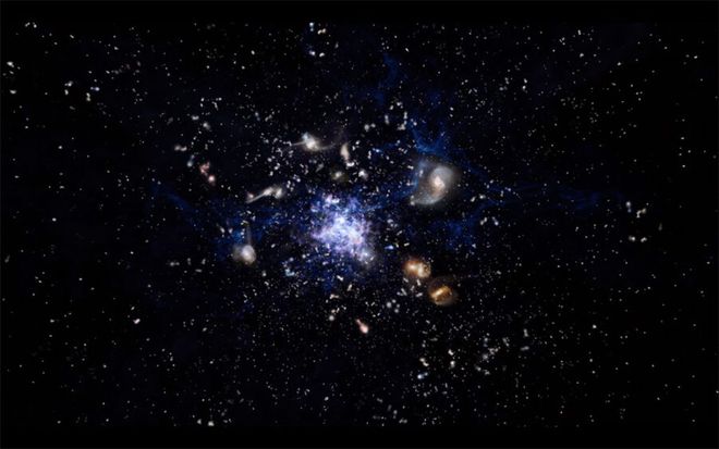A luz e radiação dos aglomerados de galáxias no início do universo ainda chega até nós, por isso não há nenhuma ragião onde o zero absoluto seja possível (Imagem: Reprodução/ESO/M. Kornmesser)