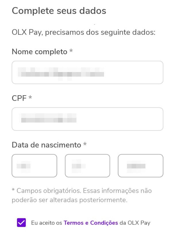Comlete seus dados para ajustar a sua conta da OLX Pay (Captura de tela: Matheus Bigogno)