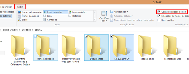 No Windows 8 o processo é mais simples e as caixas de seleção podem ser ativadas na própria pasta no menu No Windows 8 o processo é mais simples e as caixas de seleção podem ser ativadas na própria pasta no menu