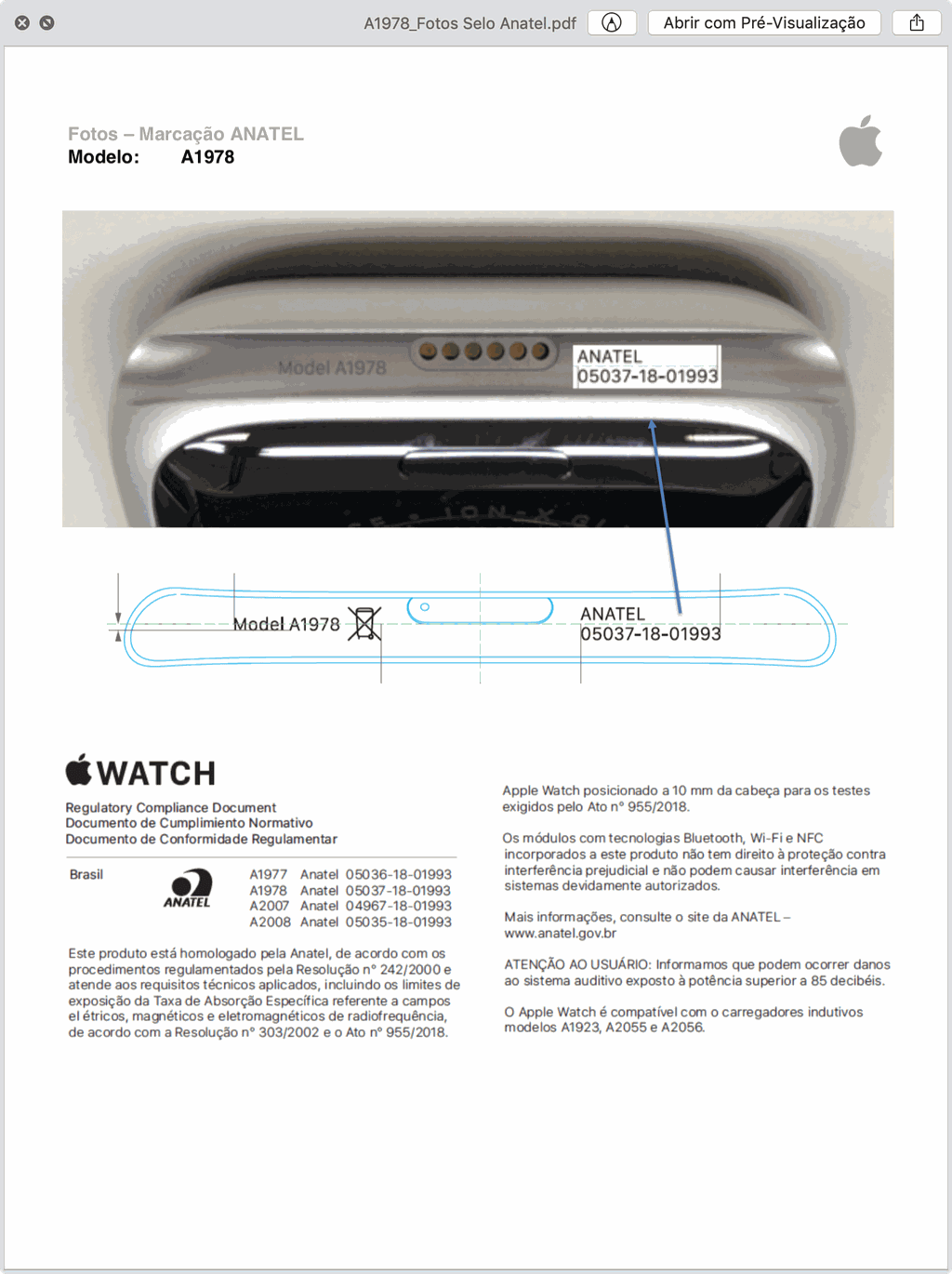 Documento de Conformidade Regulamentar do Apple Watch Series 4 (GPS) de 44mm (Imagem: Anatel)