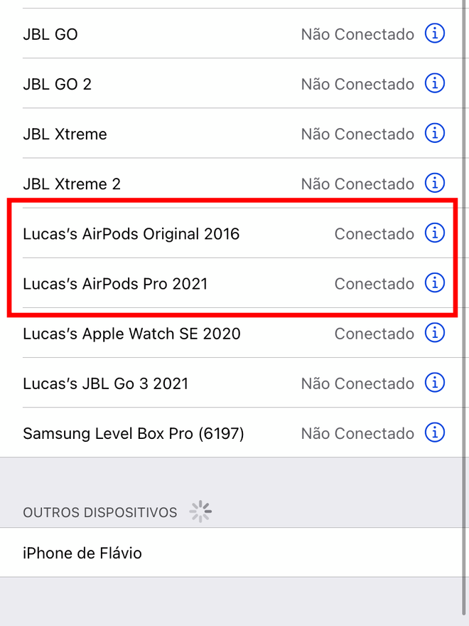 Vá em Ajustes > Bluetooth e conecte ambos os pares de AirPods. Captura de tela: Lucas Wetten (Canaltech)