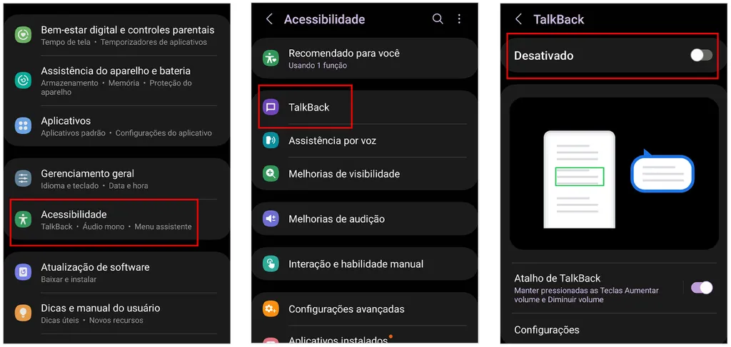 Ative o TalkBack nas configurações do Android (Imagem: Captura de tela/André Magalhães/Canaltech)