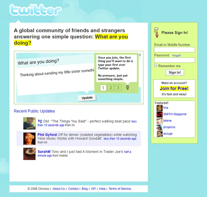 O Twitter começou como um microblog (Imagem: Reprodução/Web Design Museum)