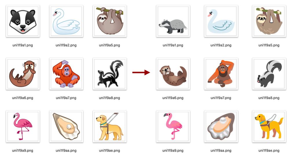 Alguns emojis de animais voltaram ao estilo anterior, sem bordas (na direita, do Android 11 beta) (imagem: 9to5Google/reprodução)