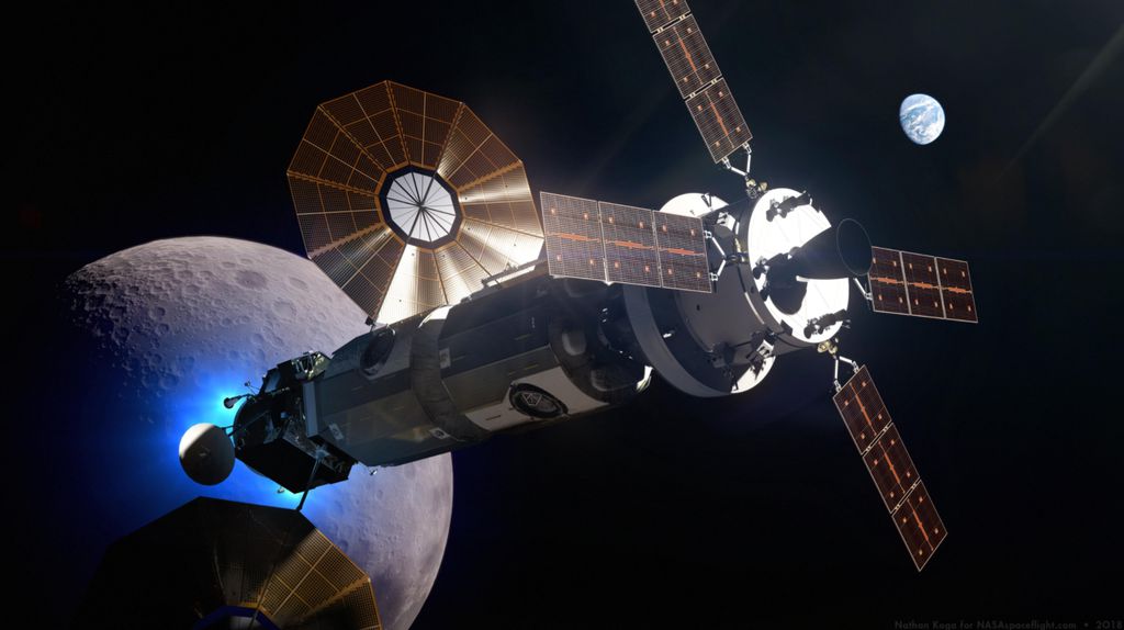 Conceito da estação lunar Gateway, que orbitará a Lua como parte do Programa Artemis (Imagem: NASA)