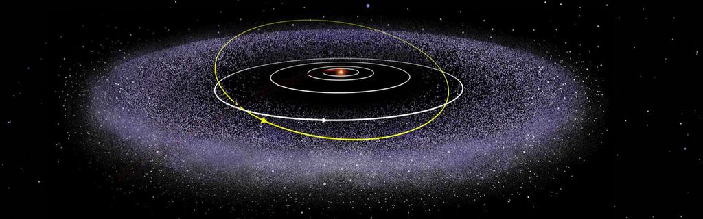 O Cinturão de Kuiper, região em formato de disco além da órbita de Netuno, onde há centenas de milhares de objetos congelados (Imagem: Reprodução/NASA)
