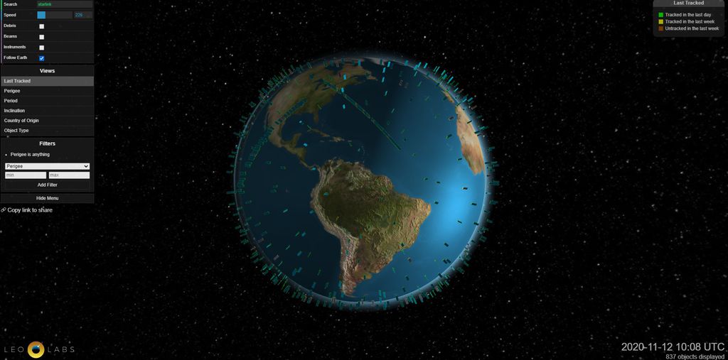 Os satélites Starlinks monitorados pelo LeoLabs (Imagem: Daniele Cavalcante/Canaltech/LeoLabs)