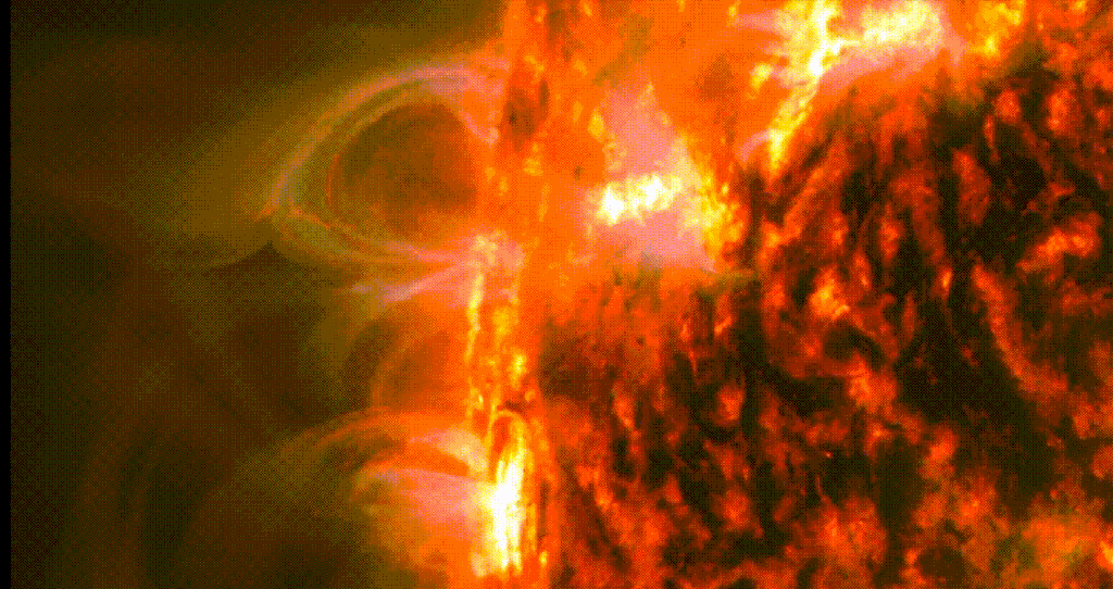 A chuva coronal observada nas alças magnéticas sugere que a coroa pode ser aquecida dentro de uma região muito mais restrita do que se imaginava (Imagem: NASA)