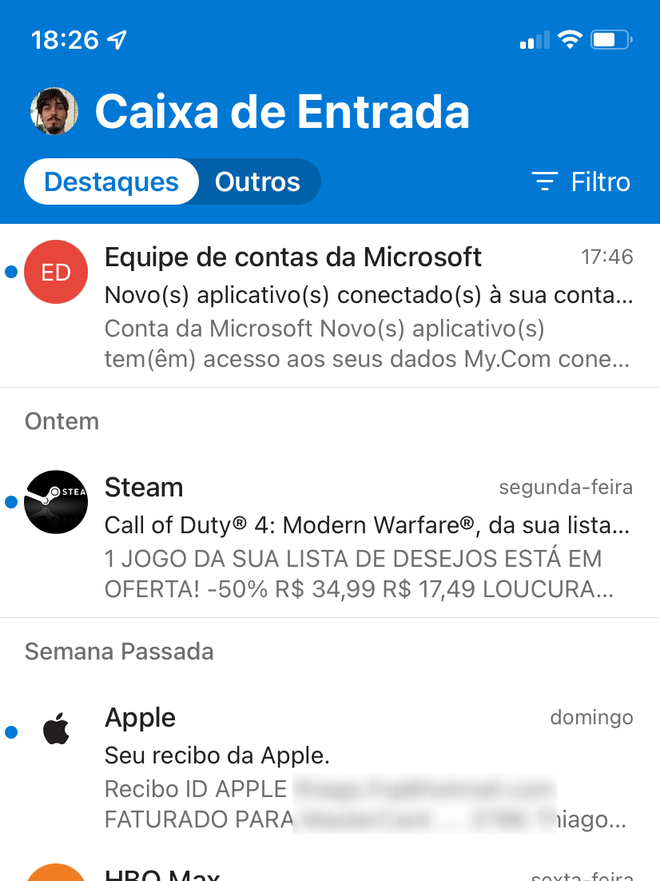 A interface simples e voltada à produtividade tornam o Outlook uma excelente opção para o iPhone - Captura de tela: Thiago Furquim (Canaltech)