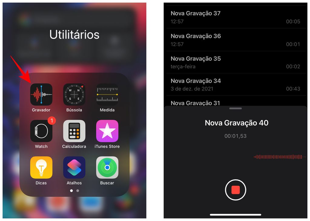 Abra o app Gravador e use seu iPhone para gravar um áudio (Captura de tela: Thiago Furquim)