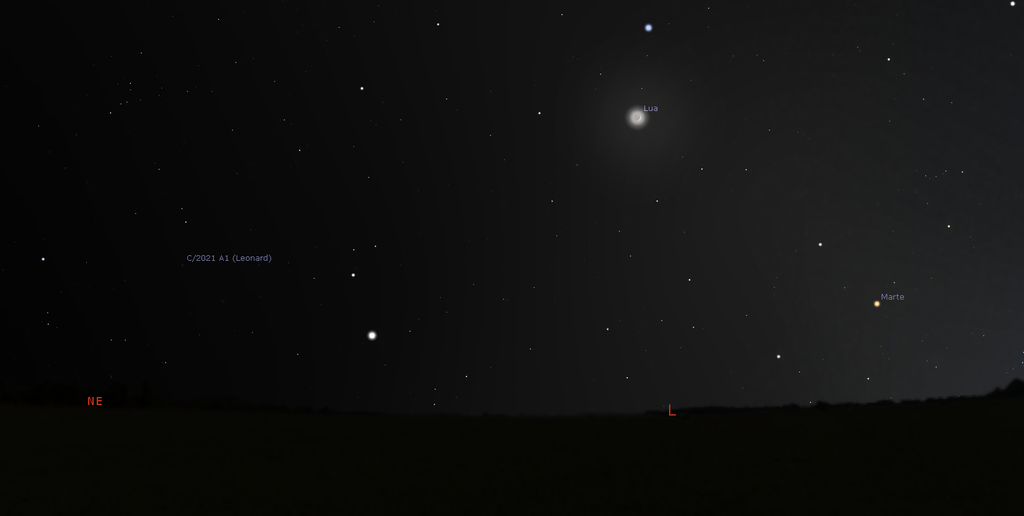 Posição do cometa Leonard, Lua e Marte no céu do dia 1 de dezembro, às 5h. Os efeitos de iluminação atmosférica foram removidos para melhor visualização dos objetos (Imagem: Reprodução/stellarium.org)