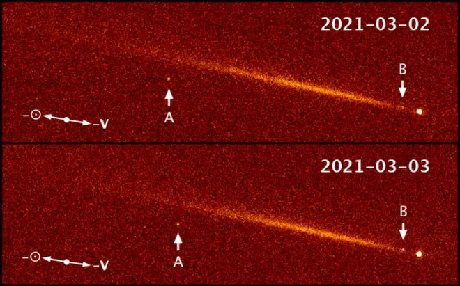 Esta imagem do Hubble mostra dois fragmentos de 20m de diâmetro vindos do Cometa 323P/SOHO, marcados nos pontos A e B (Imagem: Reprodução/Hui et al.)