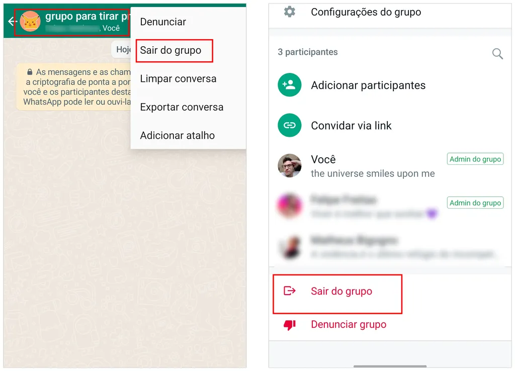Saiba como sair de um grupo do WhatsApp e ninguém ver — exceto administradores (Captura de tela: André Magalhães)