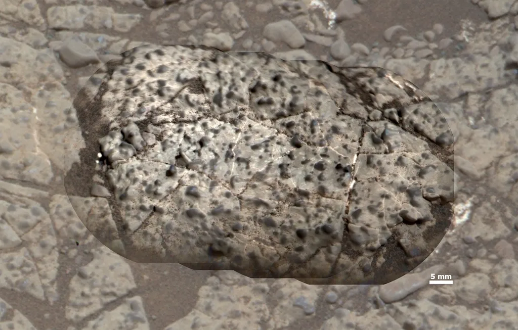 Rocha apelidada "Ben Hee", com vários nódulos escuros em sua estrutura; geralmente, os nódulos se formam em sedimentos macios, encontrados nos lagos na Terra (Imagem: Reprodução/NASA/JPL-Caltech/MSSS/LANL/IRAP-CNES)