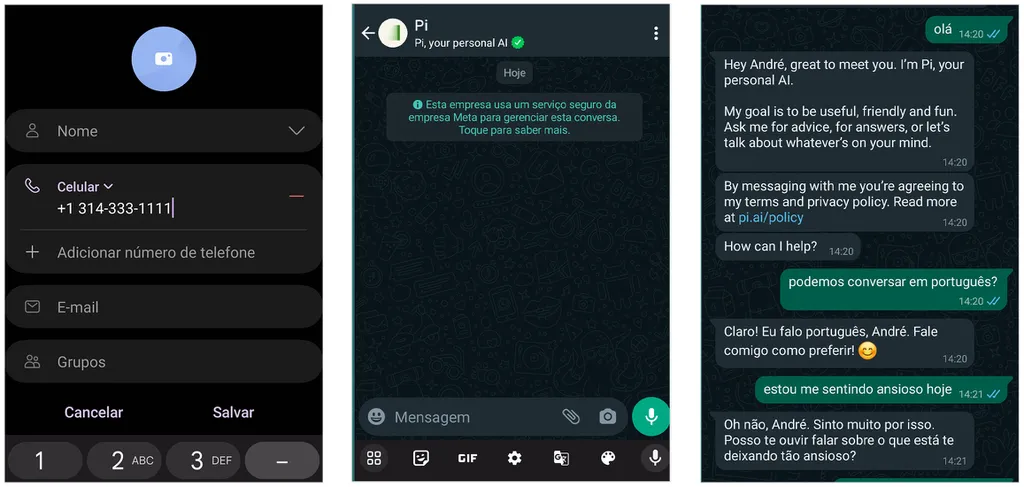 Converse com a IA Pi no WhatsApp (Imagem: Captura de tela/André Magalhães/Canaltech)