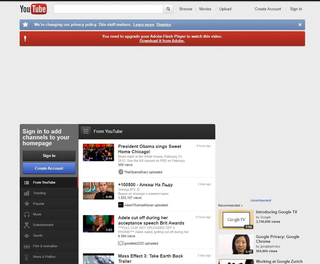 A interface do YouTube era bem diferente do modelo atual em 2012 (Imagem: Reprodução/Archive.org)